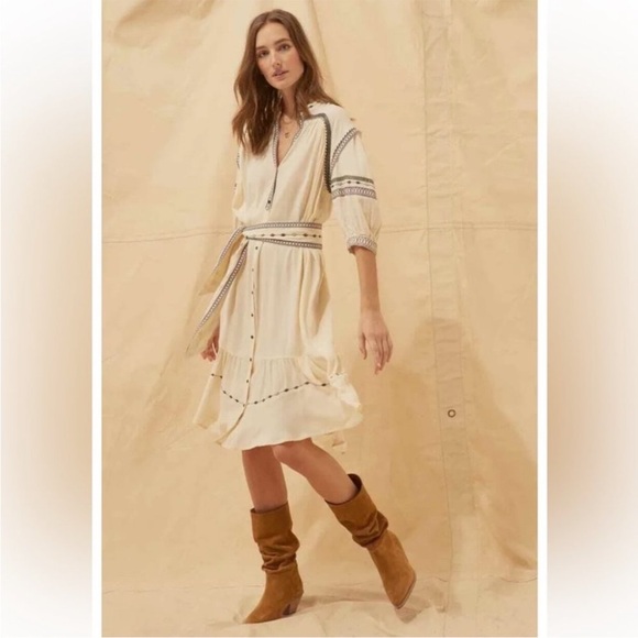 BA&SH Patty Embroidered Button Front Tie Waist Midi 3/4 Sleeve V-Neck Dress - Picture 2 of 13